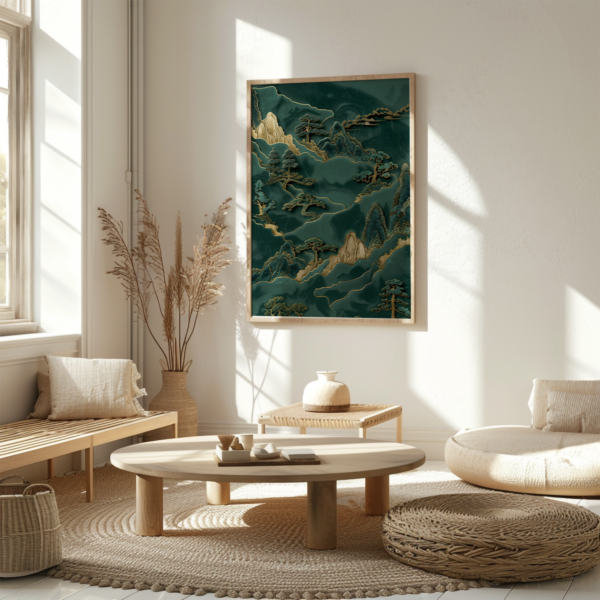 This stylish living room features minimalist decor, a wooden table, soft cushions, and large framed Green Japandi Wall Art. Natural light adds to the peaceful mood.