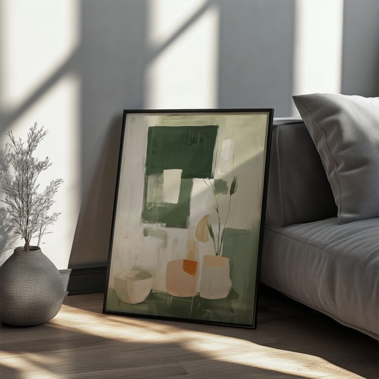 A Free Abstract Minimalist Art Print featuring green abstract shapes and vases leans against a white wall near a gray sofa. Sunlight casts soft shadows on the wooden floor and wall, enhancing the cozy, modern aesthetic.