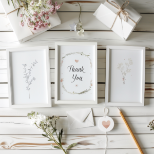 Flat lay of three occasion-themed printable poster gifts in white frames: one for graduation, one labeled "Thank You", and one with a heart design, surrounded by flowers, envelope, gift tag, and pencil, styled on a light wooden table in soft daylight
