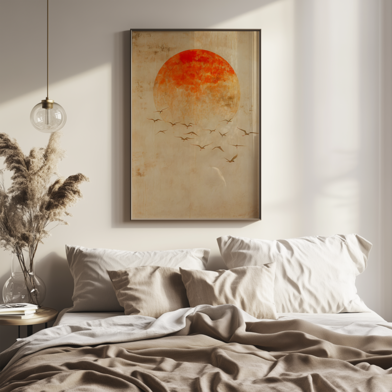 A cozy bedroom with neutral pillows and blankets. Above the bed, a framed Free Japandi Print of a sunset with birds in flight. Soft lighting enhances the serene atmosphere.