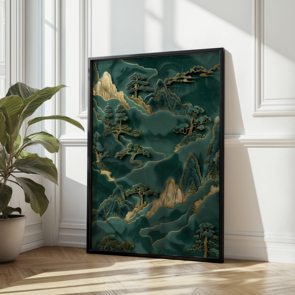 This framed Green Japandi Wall Art features stylized trees and a mountain landscape in green hues leaning agains