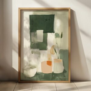 A framed Free Abstract Minimalist Art Print featuring geometric shapes in green, white, and beige tones. A vase and plant stem add depth, while soft shadows enhance the calm, modern feel.