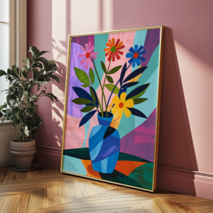 Abstract Free Colorful Flower Poster of flowers in a blue vase leaning against a pink wall. Sunlight casts gentle shadows, enhancing its calm and creative presence.