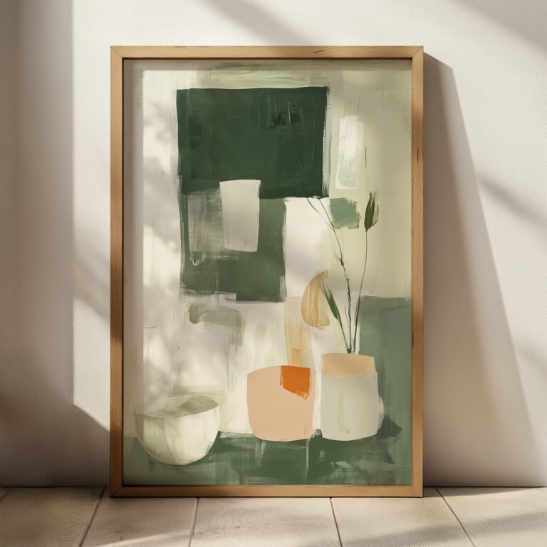 A framed Free Abstract Minimalist Art Print featuring geometric shapes in green, white, and beige tones. A vase and plant stem add depth, while soft shadows enhance the calm, modern feel.