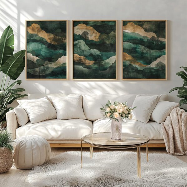 A cozy living room with a white sofa adorned with pillows, a round glass coffee table holding a vase of flowers, and three framed Wabi Sabi Triptych Wall Art pieces depicting nature-inspired abstract designs.