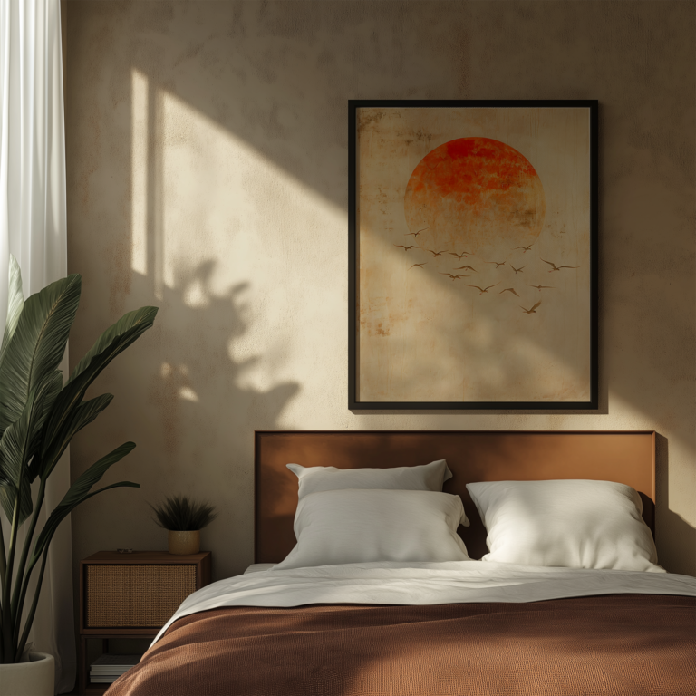 A minimalist bedroom with a sunlight-lit wall, large plant, and a bed with white pillows and a brown blanket. A framed Free Japandi Print of a sunset painting hangs above the bed.