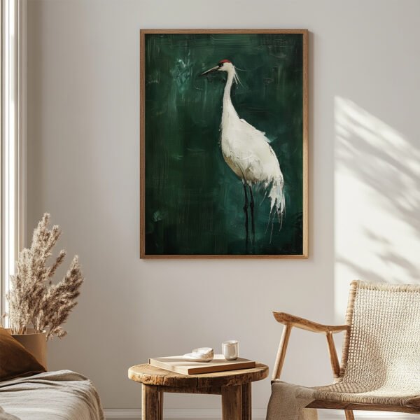 A sunlit room with beige walls features a Japanese Crane Art painting of a white crane on a dark green background. Nearby, a rustic chair, wooden table, and dried flowers complete the tranquil setting.