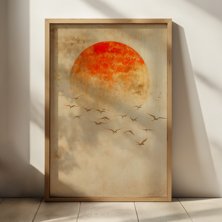 A framed Free Japandi Print of a large orange sun setting, with silhouettes of birds flying across. The warm tones create a serene and calming ambiance.