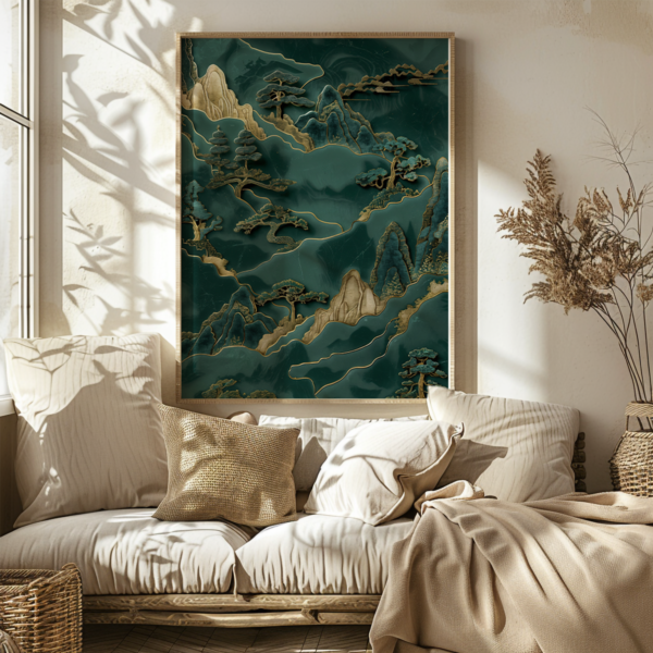 Framed Green Japandi Wall Art with an abstract green and gold-toned landscape hanging above a beige sofa, creating a soft, calming atmosphere.