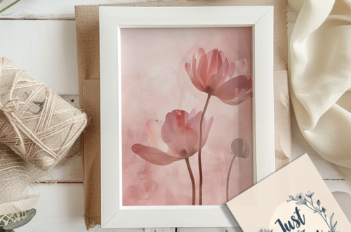 Flat lay of a kraft-wrapped white picture frame with a blank canvas, eucalyptus, string, scissors, and a gift tag labeled “Just for you” — styled in cozy Scandinavian minimal design, perfect for a printable poster gift