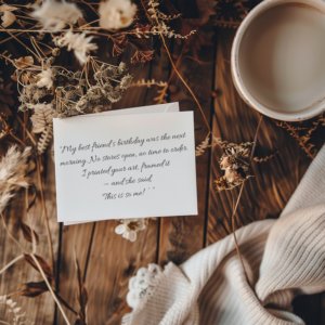 Flat lay of a white notecard with a handwritten customer message, surrounded by dried flowers and a coffee cup on a wooden table, styled in cozy Scandinavian light — capturing the emotional impact of a printable poster gift