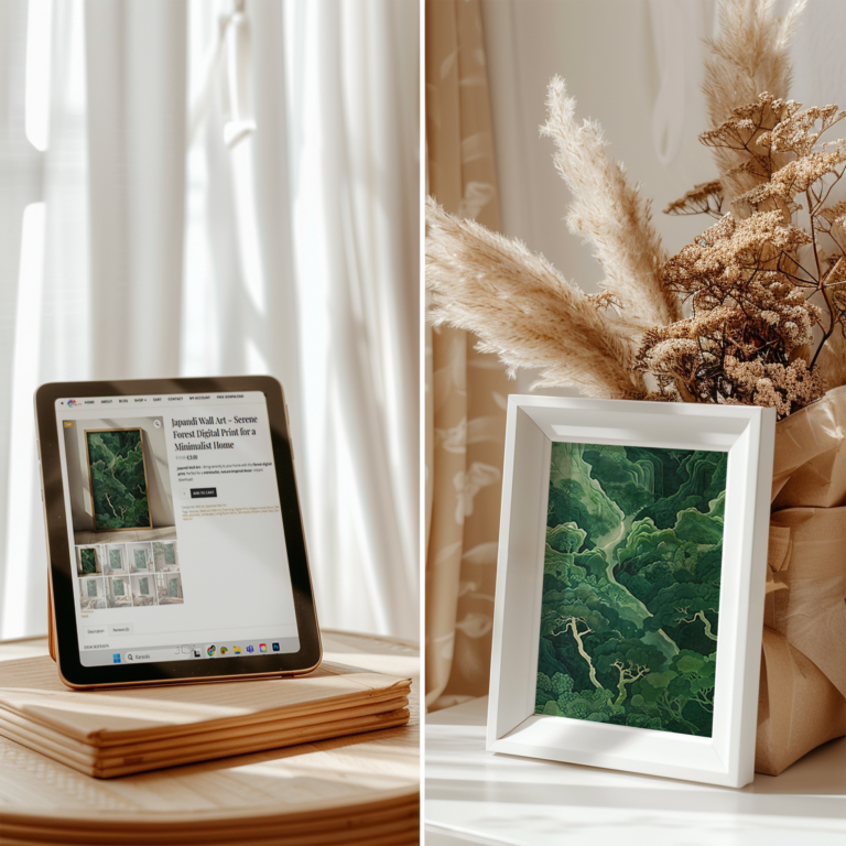 Side-by-side view of a printable poster gift in progress: a blank tablet screen on one side and a white picture frame with blank canvas partially wrapped in kraft paper and ribbon on the other, soft natural light, cozy Scandinavian setting