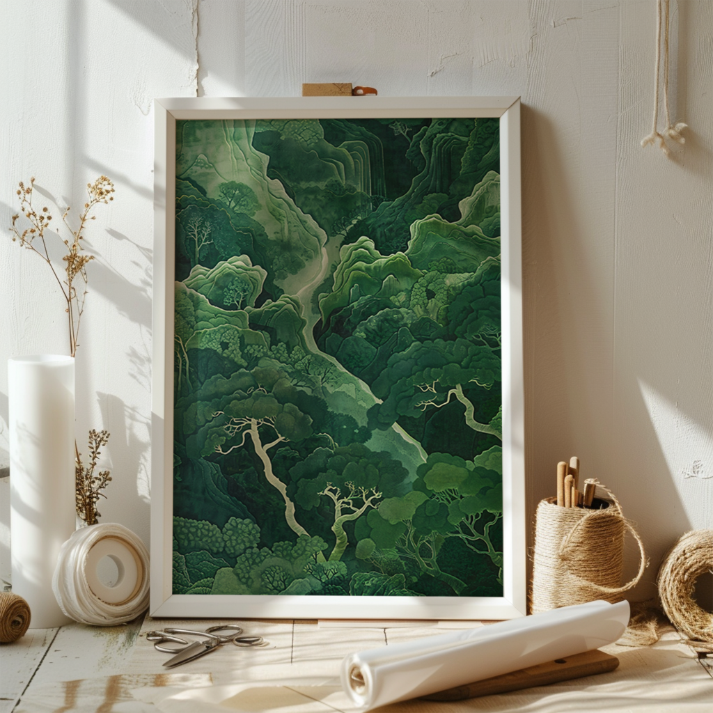Flat lay of a white picture frame with blank canvas, matte photo paper, scissors, string, and kraft wrapping paper on a wooden table, styled for assembling a printable poster gift