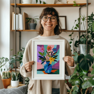 Smiling Person Holding Blank Poster Frame in Bright Living Room