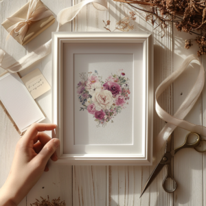 A hand wrapping a white frame with a blank canvas, ribbon, scissors, and a handwritten card — preparing a printable poster gift in natural light