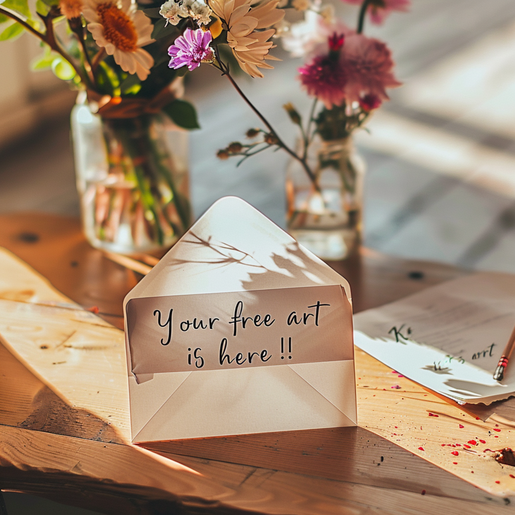 Envelope with a partially visible blank printable poster labeled “Your free art is here!”, placed on a sunny table with fresh flowers and a handwritten note, natural light and warm real-life setting