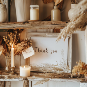 Close-up of a blank white framed poster with a handwritten tag reading “Thank you Anna”, styled on a wooden shelf with a candle and dried flowers, soft natural light and an emotional gift-giving atmosphere