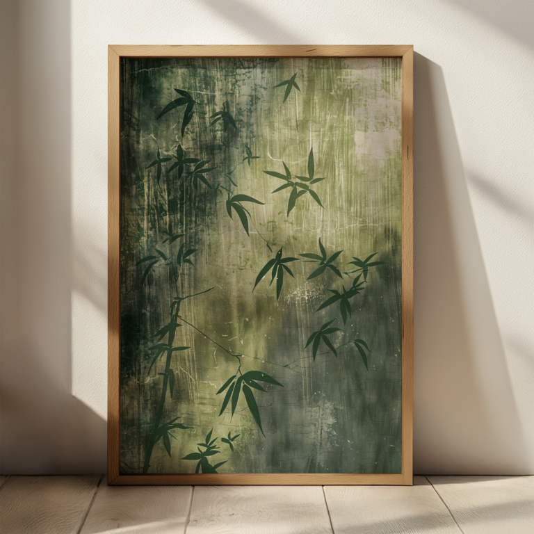 Framed Free Japandi Bamboo Shadow Wall Art featuring soft green bamboo leaves on a textured neutral background. Gentle lighting casts subtle shadows, enhancing the natural and tranquil atmosphere.