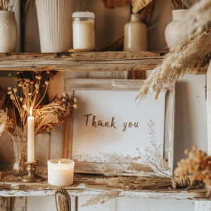 A rustic wooden shelf with candles, pampas grass, and a framed digital download print reading “Thank you.” Dried floral accents and soft tones create a warm, cozy ambiance. How to use a digital download from Etsy.
