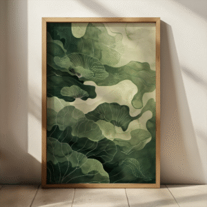 Framed abstract artwork with layered green leaves in a calming gradient. Sunlight casts soft shadows, enhancing the serene mood. Sage Green Wabi Sabi Wall Art.