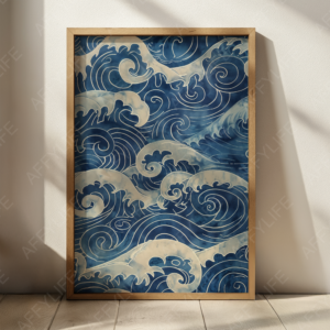Framed Blue Japandi Wave Wall Art featuring intricate swirling blue ocean waves with white highlights and delicate line patterns. Displayed on a sunlit wall with a warm wood floor, evoking a calm and tranquil atmosphere.