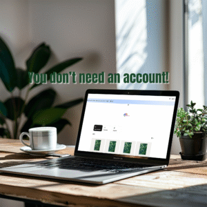 Laptop on a wooden table displays an art site. Above the screen: “You don’t need an account!” Coffee and a potted plant add a bright, welcoming mood. How to use a digital download from Etsy.