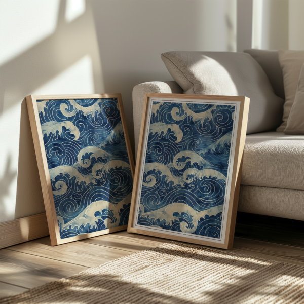 Two framed Blue Japandi Wave Wall Art prints with stylized ocean wave patterns lean against a beige sofa in sunlight. One has a minimalist frame, and the other has a white border, enhancing the natural, coastal vibe.