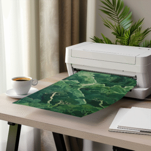 White printer on wooden desk prints a green forest digital artwork. A coffee cup and plants nearby create a relaxed home office mood. How to use a digital download from Etsy.