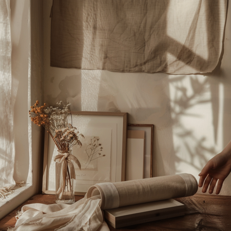 A hand reaches toward rolled fabric beside dried flowers and framed art on a wooden table. Soft sunlight sets a calm mood. How to use a digital download from Etsy.