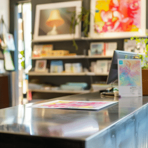 Cozy art gallery with a modern reception desk, colorful digital artwork, and books on shelves. How to use a digital download from Etsy in public or curated creative spaces.