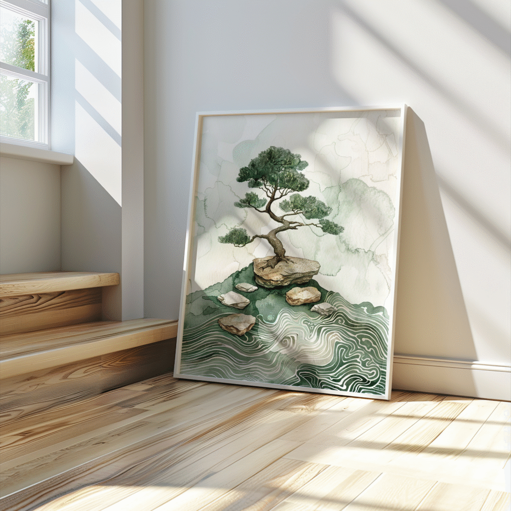 Framed digital bonsai artwork leans on a wooden floor, bathed in sunlight. Soft shadows and a nearby window create a calm, Japandi-inspired atmosphere. How to use a digital download from Etsy.