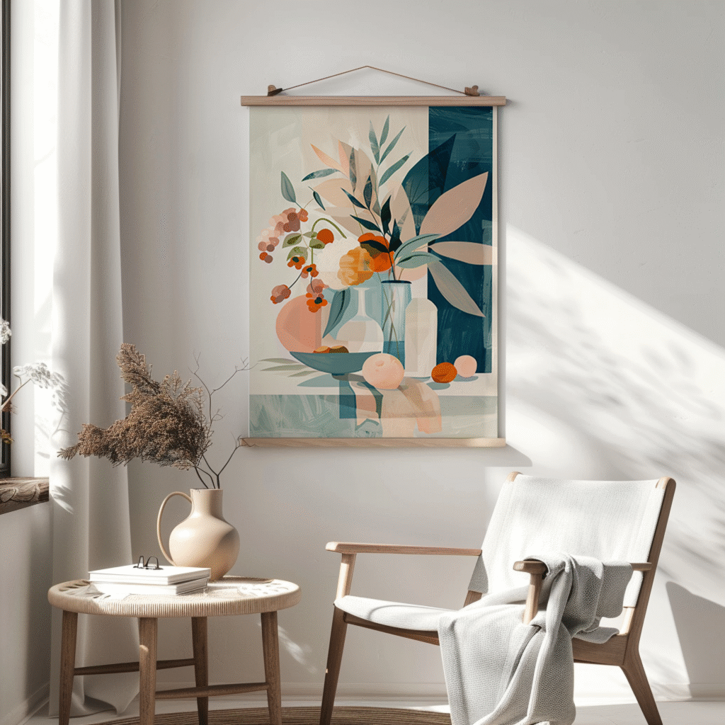 Minimalist space with wooden chair and beige blanket. A floral art print hangs above a round table with books and vase. Sunlight enhances the calm decor. How to use a digital download from Etsy.