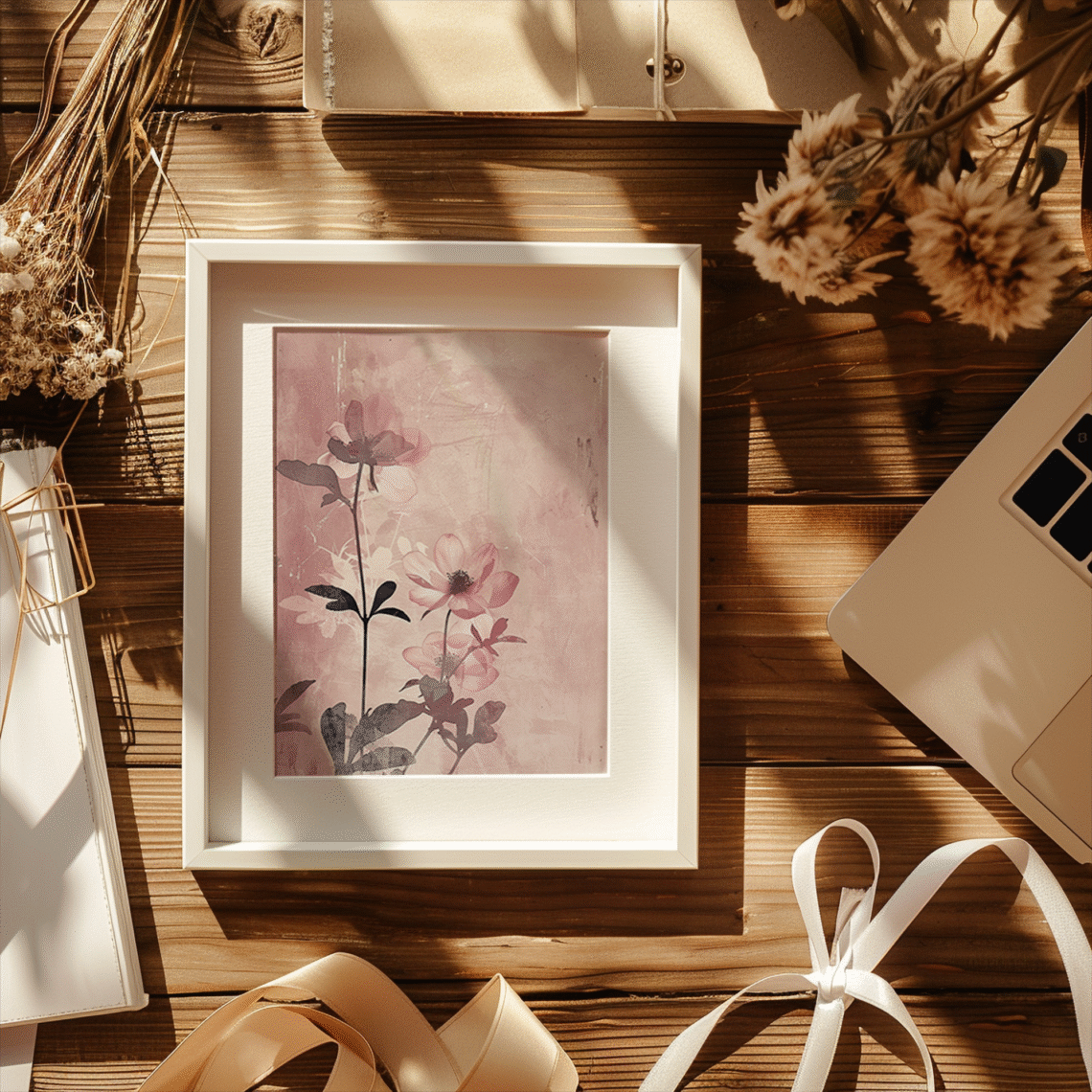 A floral art print rests on a wooden desk surrounded by a laptop, dried flowers, ribbons, and notebooks. Warm sunlight enhances the cozy scene. How to use a digital download from Etsy.