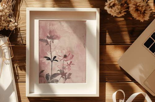 A floral art print rests on a wooden desk surrounded by a laptop, dried flowers, ribbons, and notebooks. Warm sunlight enhances the cozy scene. How to use a digital download from Etsy.