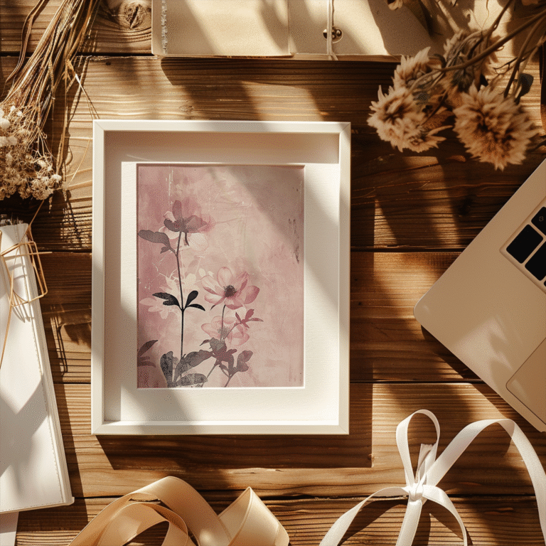 A floral art print rests on a wooden desk surrounded by a laptop, dried flowers, ribbons, and notebooks. Warm sunlight enhances the cozy scene. How to use a digital download from Etsy.