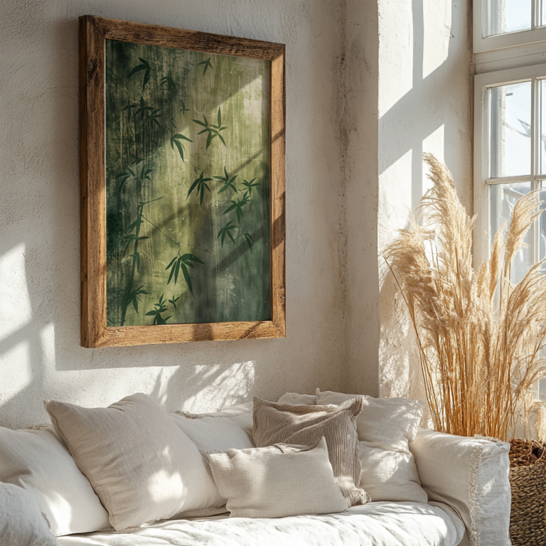 In a cozy room with a beige couch and pampas grass, a wooden-framed Free Japandi Bamboo Shadow Wall Art hangs on the wall. Natural light highlights the soft greenery, creating a peaceful ambiance.