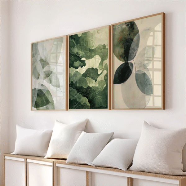 Three abstract leaf-themed prints from the Sage Green Wabi Sabi Wall Art collection hang above a bench with white cushions in a serene, modern space.