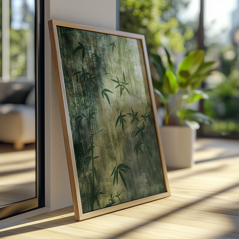 A framed Free Japandi Bamboo Shadow Wall Art with green bamboo leaves leans against a beige wall. Sunlight fills the room, with a green potted plant nearby enhancing the bright, airy setting.