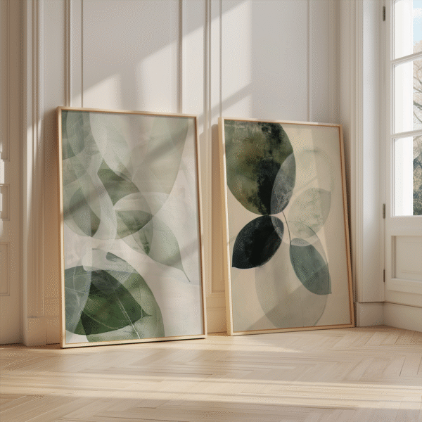 Two abstract green leaf paintings from the Sage Green Wabi Sabi Wall Art series rest against a white paneled wall in a sunlit room with wooden floors.