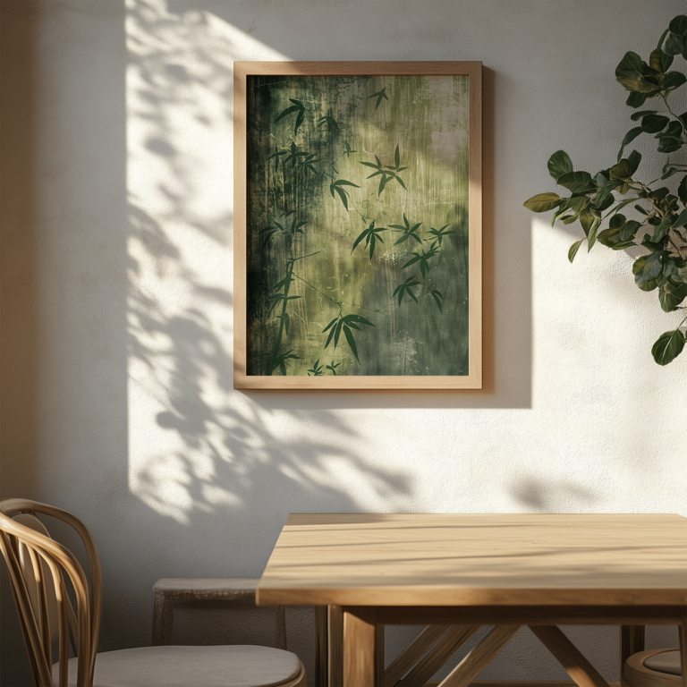 Framed Free Japandi Bamboo Shadow Wall Art with green bamboo leaves on a white wall. Soft leaf shadows are cast by sunlight. A wooden table and chair complete the peaceful, minimalist design.