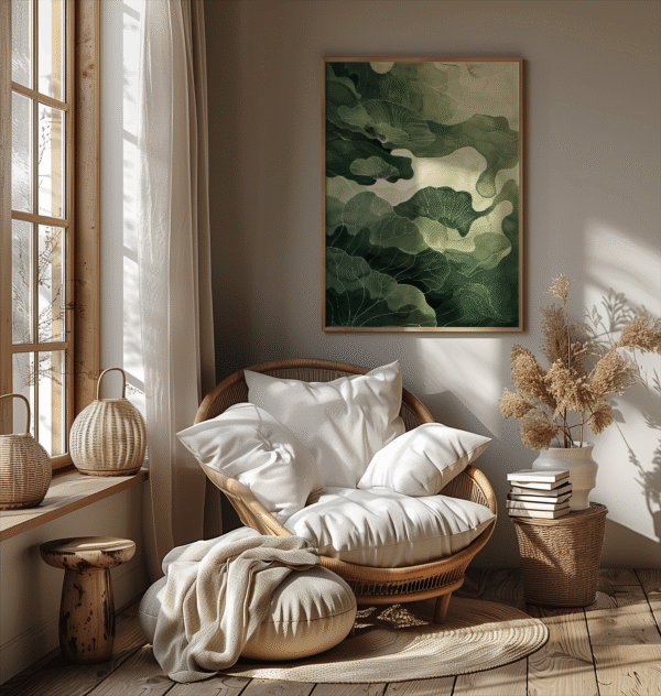 Two abstract green leaf paintings from the Sage Green Wabi Sabi Wall Art series rest against a white paneled wall in a sunlit room with wooden floors.