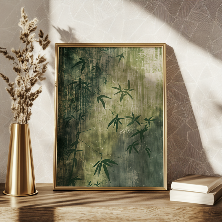 A framed Free Japandi Bamboo Shadow Wall Art sits on a wooden table, showing bamboo leaves on a green textured background. A gold vase with dried plants and books add warmth to the softly lit space.