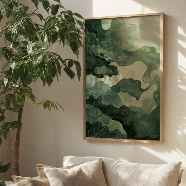 A cozy nook with a round wicker chair, beige throw, and a green abstract painting from the Sage Green Wabi Sabi Wall Art collection. Sunlit with light floors and pampas grass.