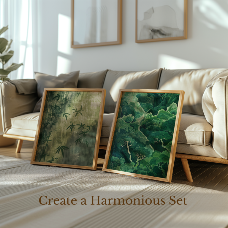 Framed Free Japandi Bamboo Shadow Wall Art and forest-themed prints rest against a beige sofa in a sunlit living room. The scene promotes calm and balance. Text overlay reads: “Create a Harmonious Set.”