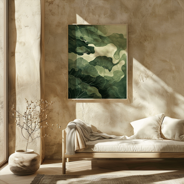 A sunlit minimalist bedroom with a beige textured wall, cozy daybed, and green abstract artwork from the Sage Green Wabi Sabi Wall Art collection.