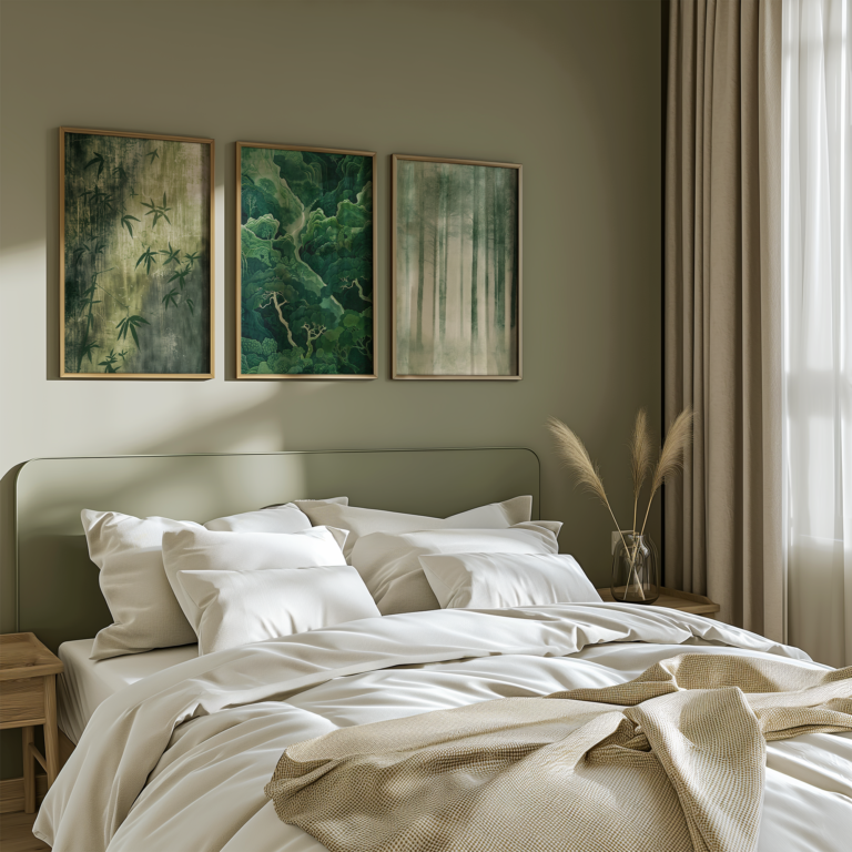 In a calm bedroom with white linens and beige curtains, three framed nature-themed prints hang above the bed. One includes the Free Japandi Bamboo Shadow Wall Art, offering a warm, natural accent.