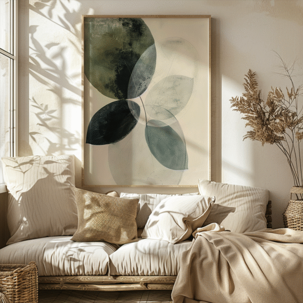 A cozy living room features a large abstract painting of overlapping blue-green leaves from the Sage Green Wabi Sabi Wall Art set. Cream sofa and natural light complete the look.