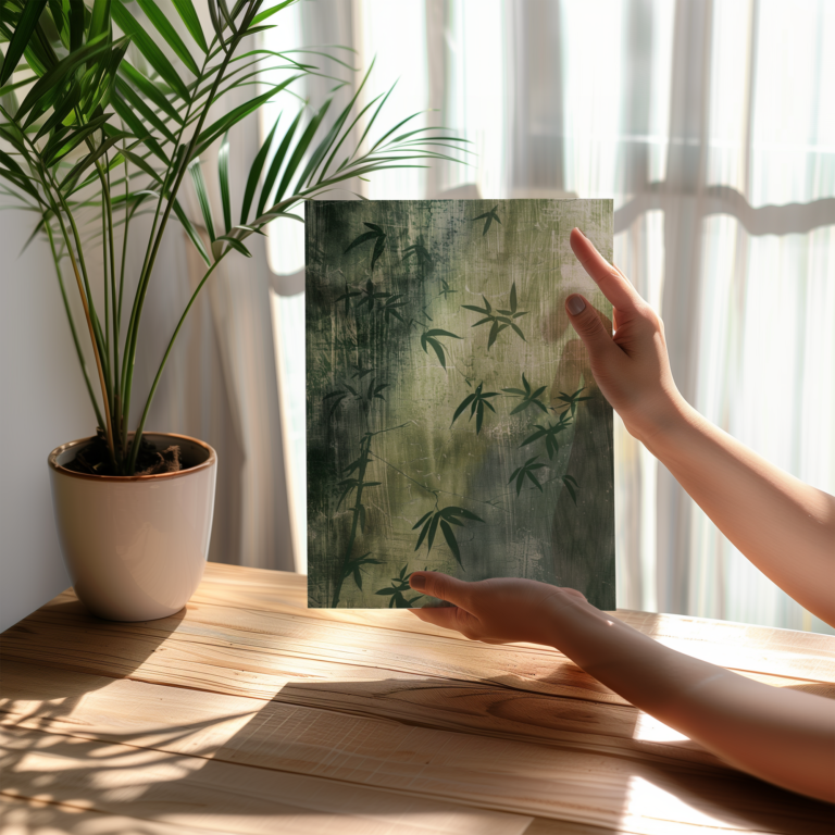 Two hands hold a Free Japandi Bamboo Shadow Wall Art print with green bamboo leaves on a textured backdrop. Sunlight streams through curtains onto a wooden table and nearby potted plant.