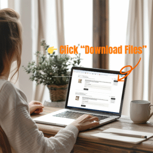 A young woman sits at a wooden desk using a laptop. An orange arrow points to “Click ‘Download Files.’” A potted plant and mug nearby enhance the cozy vibe. How to use a digital download from Etsy.