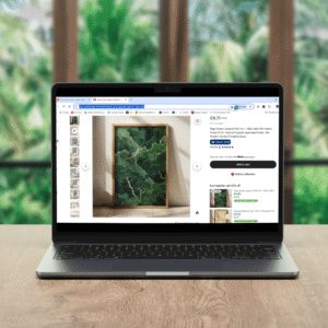 Laptop screen shows a website featuring framed green abstract forest artwork. In the background, blurred greenery reinforces a calm, natural setting. How to use a digital download from Etsy.